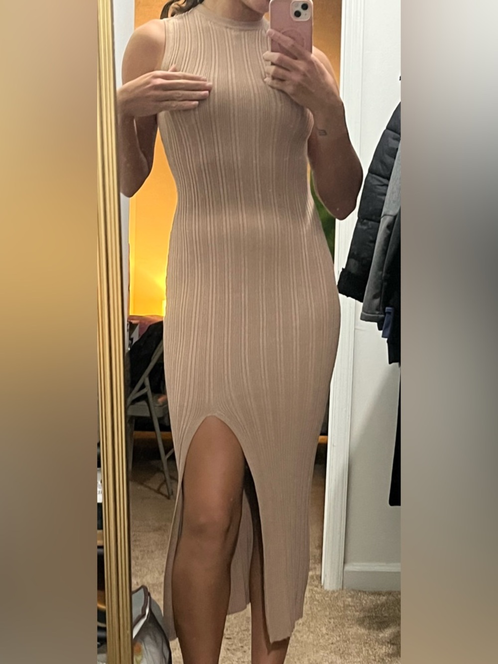 Bershka Sleeveless Ribbed High-Low Midi Dress in Beige